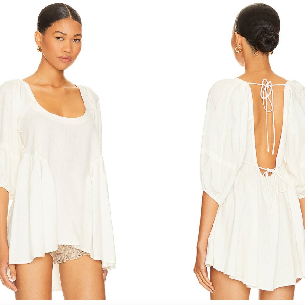 Free People x Revolve Blossom tunic linen open back puff sleeve white | M